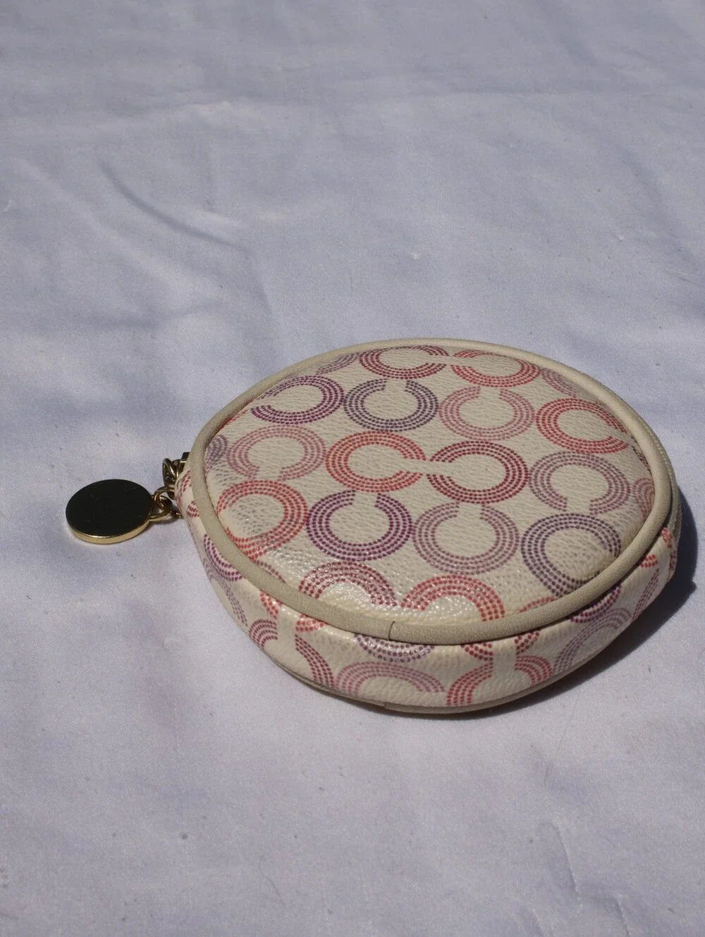 Coach Zip Coin Pouch Cream Round Cosmetic with Pink & Purple C Pattern Vintage
